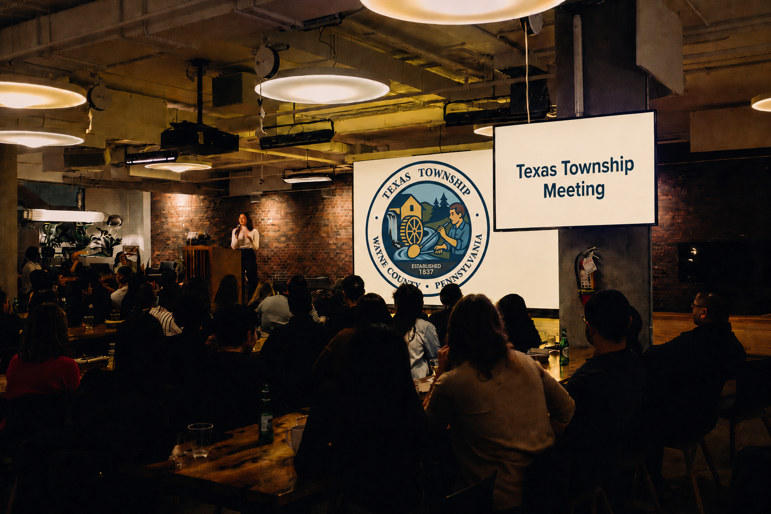 Texas Township meeting in session with the township seal projected on screen